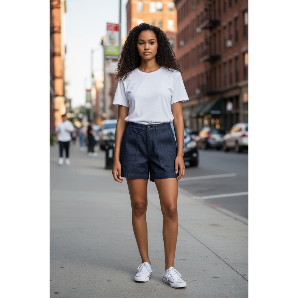 Lee Womens Dark Indigo Denim Utility Shorts Elastic Waist Size 10 112366421